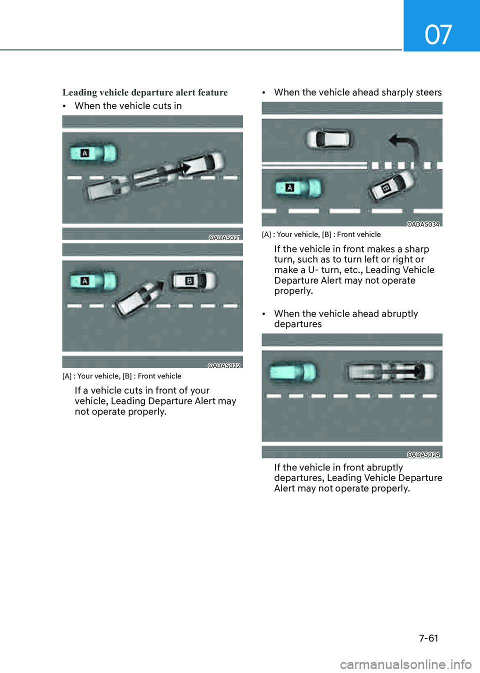 GENESIS GV80 2021  Owners Manual 07
7-61
Leading vehicle departure alert feature
• When the vehicle cuts in
OADAS021OADAS021
OADAS022OADAS022[A] : Your vehicle, [B] : Front vehicle
If a vehicle cuts in front of your 
vehicle, Leadi