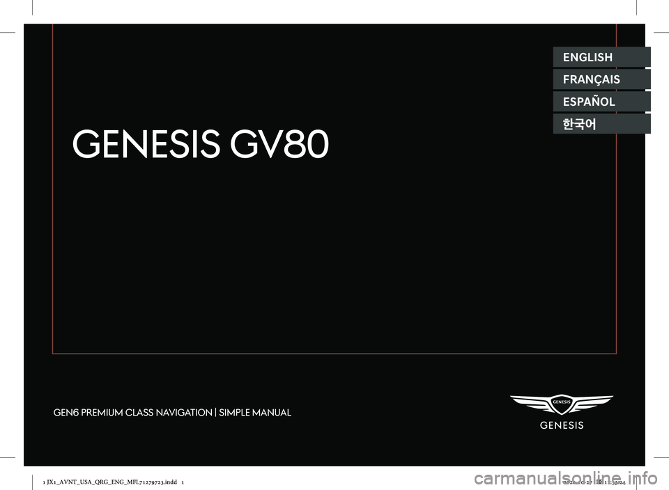 GENESIS GV80 2021  Premium Navigation Manual GEN6 PREMIUM CLASS NAVIGATION | SIMPLE MANUAL
GENESIS GV80
ENGLISH
FRANÇAIS
ESPAÑOL
한국어
1 JX1_AVNT_USA_QRG_ENG_MFL71279723.indd   12020-10-27   �� 11:33:24 
