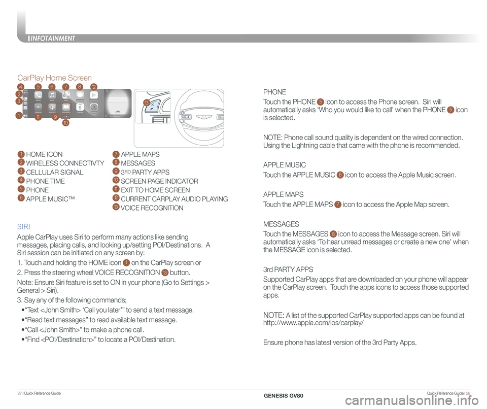 GENESIS GV80 2021 Quick Reference Guide Quick Reference Guide I 2827 I Quick Reference Guide
PHONE
Touch the PHONE 5 icon to access the Phone screen. Siri will
automatically asks ‘Who you would like to call’ when the PHONE 5 icon
i GENESIS GV80 2021 Quick Reference Guide Quick Reference Guide I 2827 I Quick Reference Guide
PHONE
Touch the PHONE 5 icon to access the Phone screen. Siri will
automatically asks ‘Who you would like to call’ when the PHONE 5 icon
i