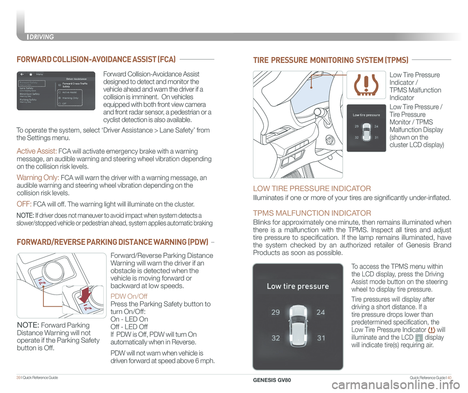 GENESIS GV80 2021  Quick Reference Guide Quick Reference Guide I 4039 I Quick Reference Guide  
TIRE  PRESSURE  MONITORING  SYSTEM (TPMS)
Low Tire Pressure 
Indicator /    
TPMS Malfunction 
Indicator
LOW TIRE PRESSURE INDICATOR 
Illuminates