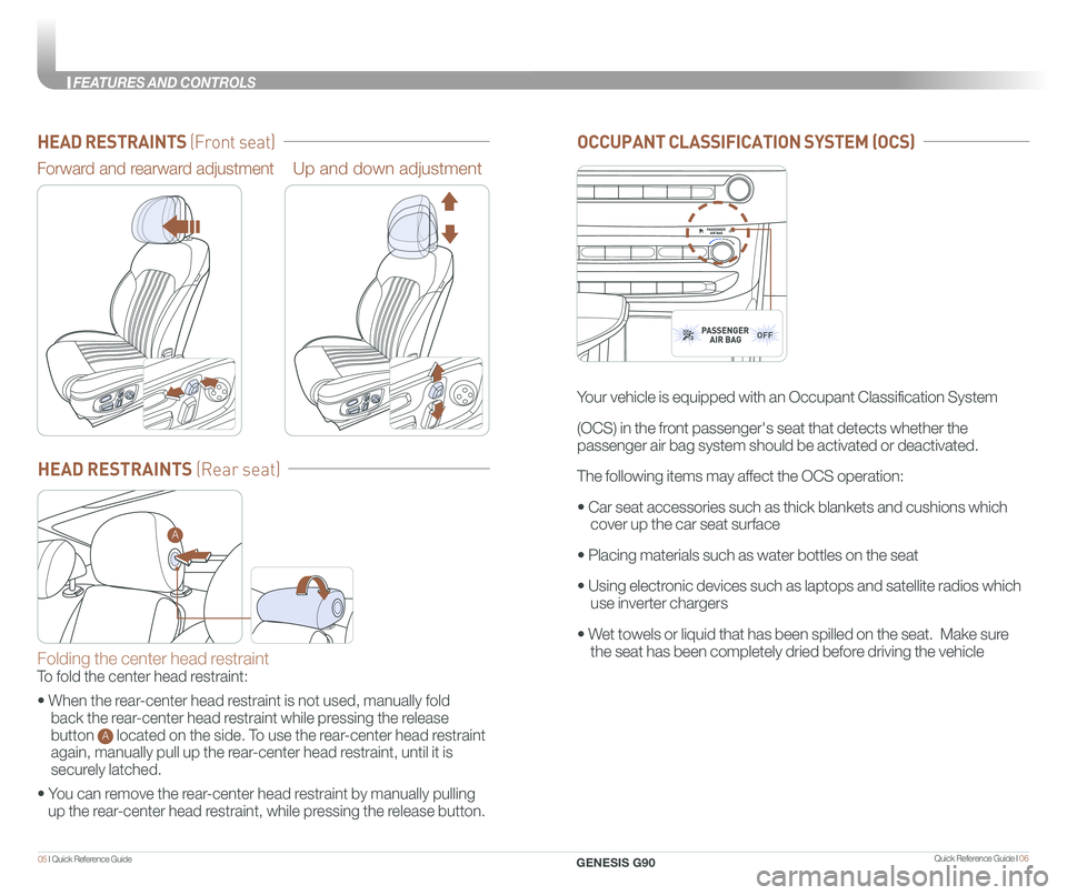 GENESIS G90 2021  Quick Reference Guide Quick Reference Guide I 0605 I Quick Reference Guide  
HEAD RESTRAINTS (Front seat)
Forward and rearward adjustmentUp and down adjustment
HEAD RESTRAINTS (Rear seat)
Folding the center head restraint 