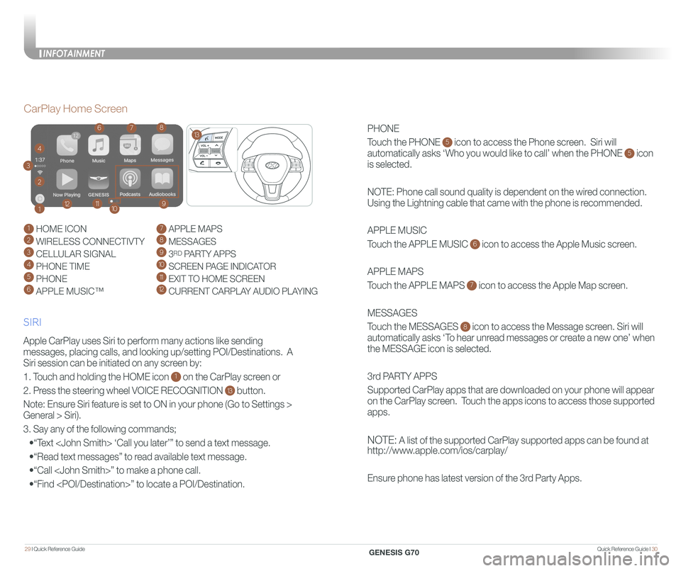 GENESIS G70 2020 Quick Reference Guide Quick Reference Guide I 3029 I Quick Reference Guide
PHONE
Touch the PHONE 5 icon to access the Phone screen. Siri will
automatically asks âWho you would like to callâ when the PHONE 5 icon
i GENESIS G70 2020 Quick Reference Guide Quick Reference Guide I 3029 I Quick Reference Guide
PHONE
Touch the PHONE 5 icon to access the Phone screen. Siri will
automatically asks âWho you would like to callâ when the PHONE 5 icon
i