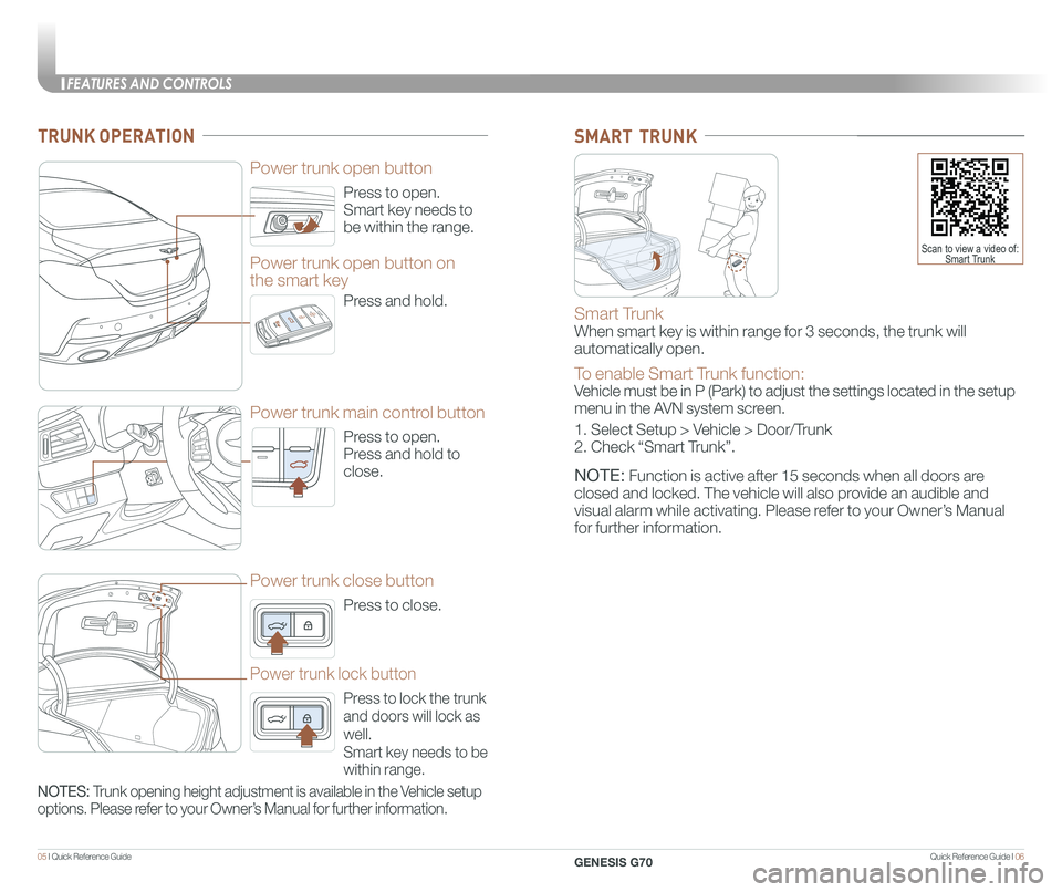 GENESIS G70 2020 Quick Reference Guide Quick Reference Guide I 0605 I Quick Reference Guide
Press to open.
Smart key needs to
be within the range.
Power trunk open button
Press to open.
Press and hold to
close.
Power trunk main control GENESIS G70 2020 Quick Reference Guide Quick Reference Guide I 0605 I Quick Reference Guide
Press to open.
Smart key needs to
be within the range.
Power trunk open button
Press to open.
Press and hold to
close.
Power trunk main control