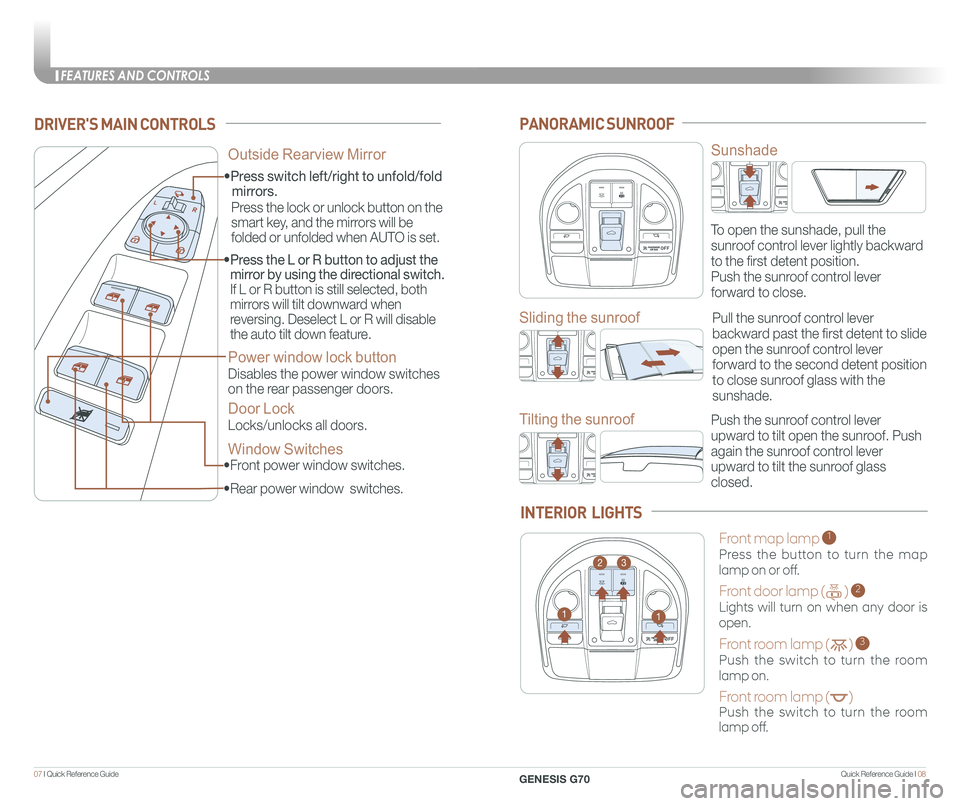 GENESIS G70 2020 Quick Reference Guide Quick Reference Guide I 0807 I Quick Reference Guide
• Front power window switches.
•Press switch left/right to unfold/fold
mirrors.
• Rear power window switches.
• Press the L or GENESIS G70 2020 Quick Reference Guide Quick Reference Guide I 0807 I Quick Reference Guide
• Front power window switches.
•Press switch left/right to unfold/fold
mirrors.
• Rear power window switches.
• Press the L or