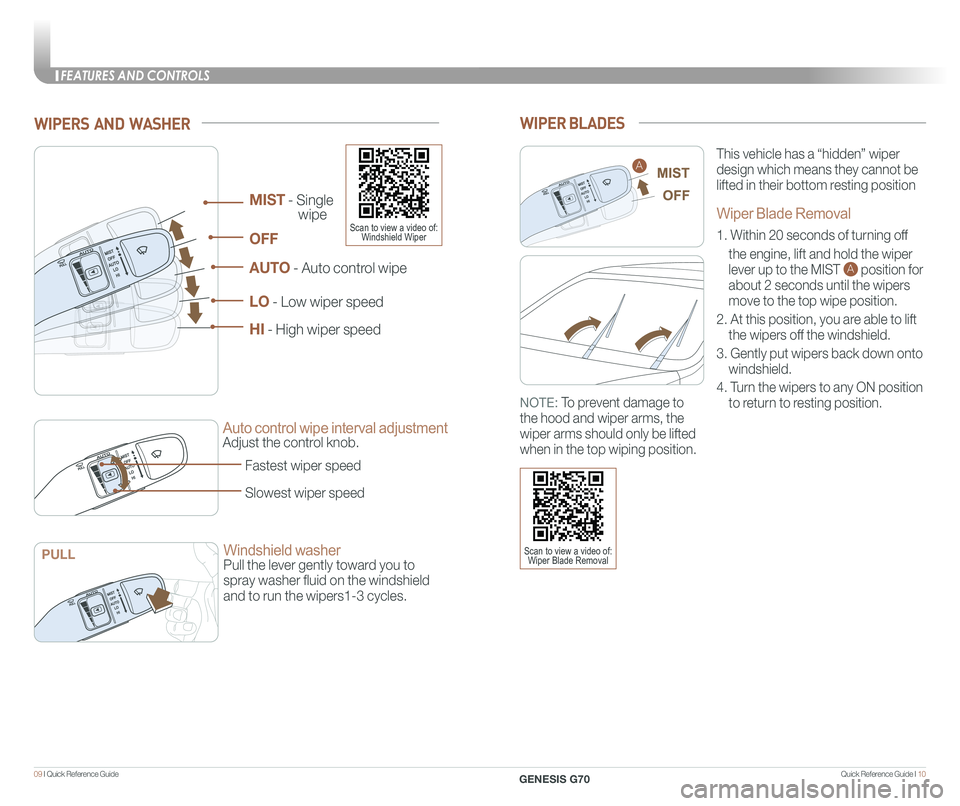 GENESIS G70 2020 Quick Reference Guide Quick Reference Guide I 1009 I Quick Reference Guide
WIPERS AND WASHER
Auto control wipe interval adjustment
Adjust the control knob.
Windshield washer
Pull the lever gently toward you to
spray w GENESIS G70 2020 Quick Reference Guide Quick Reference Guide I 1009 I Quick Reference Guide
WIPERS AND WASHER
Auto control wipe interval adjustment
Adjust the control knob.
Windshield washer
Pull the lever gently toward you to
spray w