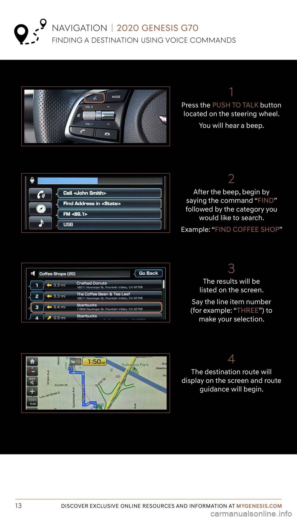 GENESIS G70 2020  Getting Started Guide Tier 1 – VDS Icons
Voice
Activation Bluetooth
TPMSBatter\f Window
\befog 1 Window
\befog 2
App ClockSteering
Adjustments Light
Gear
Seat 
Adjusting Air
Media 1 Fuel
Automatic
Transmission Manual
Tra