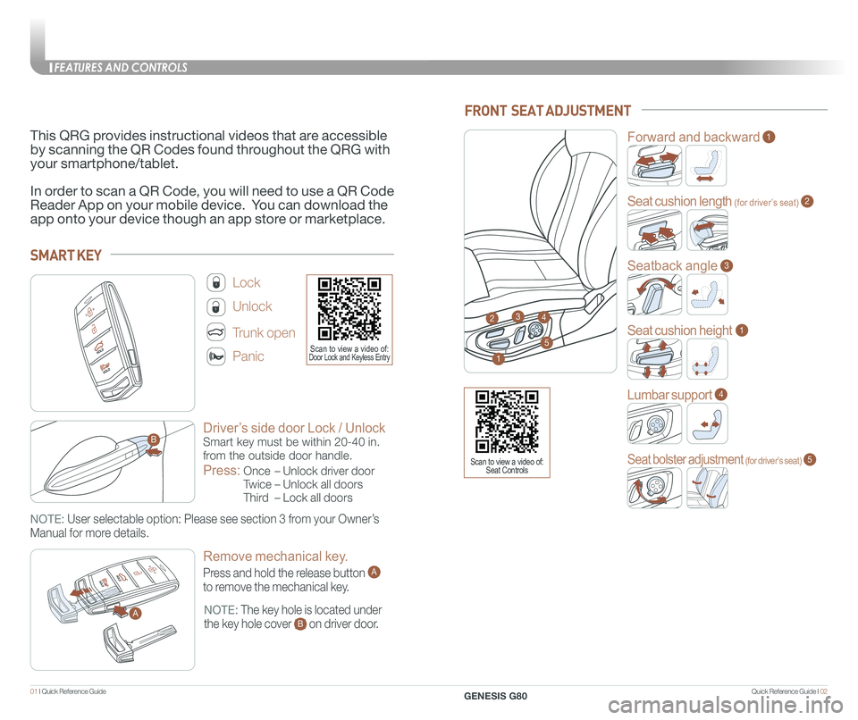 GENESIS G80 2020  Quick Reference Guide Quick Reference Guide I 0201 I Quick Reference Guide  
Driver’s side door Lock / Unlock
Smart key must be within 20-40 in. 
from the outside door handle.
Press:  
Once – Unlock driver door 
Twice 