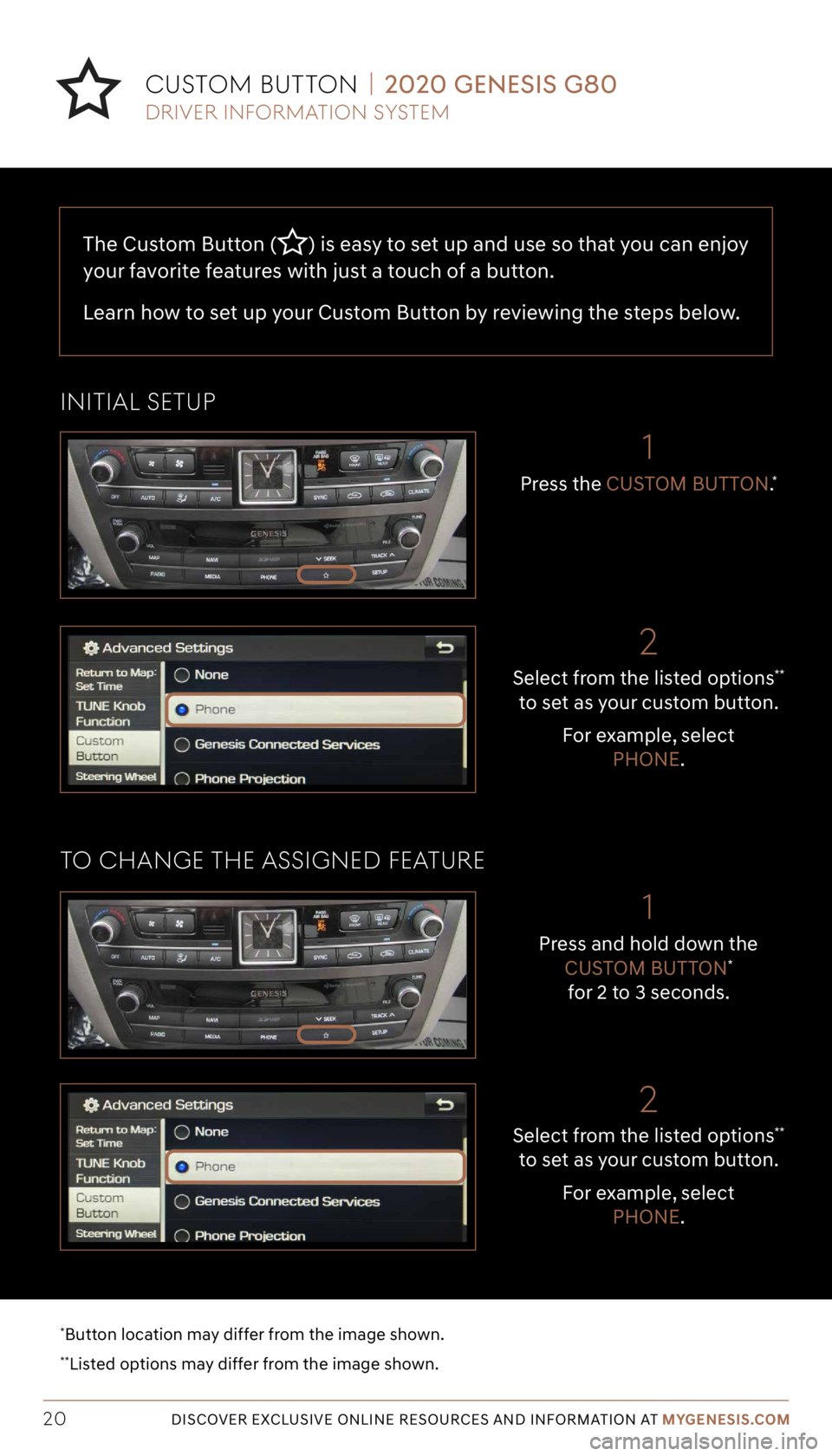 GENESIS G80 SPORT 2020 Getting Started Guide Tier 1 – VDS Icons
Voice
Activation Bluetooth
TPMSBatter\f Window
\befog 1 Window
\befog 2
App ClockSteering
Adjustments Light
Gear
Seat
Adjusting Air
Media 1 Fuel
Automatic
Transmission Manual
Tra GENESIS G80 SPORT 2020 Getting Started Guide Tier 1 – VDS Icons
Voice
Activation Bluetooth
TPMSBatter\f Window
\befog 1 Window
\befog 2
App ClockSteering
Adjustments Light
Gear
Seat
Adjusting Air
Media 1 Fuel
Automatic
Transmission Manual
Tra