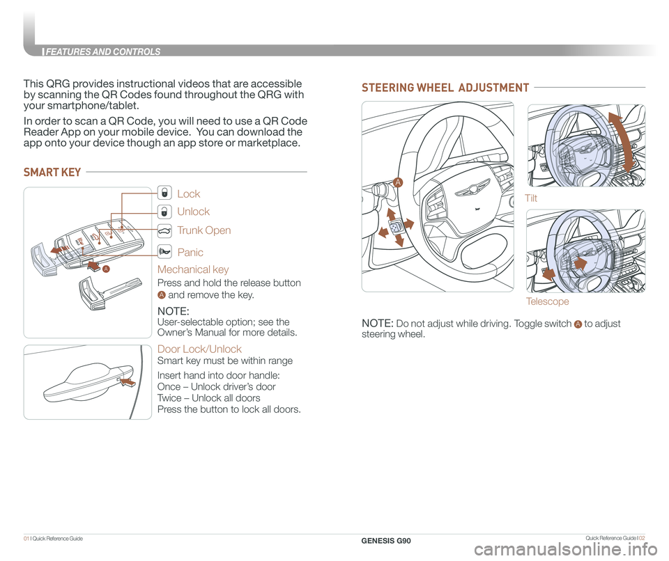 GENESIS G90 2020  Quick Reference Guide Quick Reference Guide I 0201 I Quick Reference Guide  
A
SMART KEY
Lock
Unlock
Trunk Open 
Panic
Mechanical key
Press and hold the release button 
A and remove the key.
NOTE:
User-selectable option; s