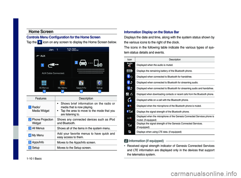 GENESIS G70 2019 Multimedia System Manual 1-10 I Basic
FeaturesDescription
Radio/ Media Widget
• \fhows brief information on the radio or media that is now playing.• \bap the area to move to the mode that you are listening GENESIS G70 2019 Multimedia System Manual 1-10 I Basic
FeaturesDescription
Radio/ Media Widget
• \fhows brief information on the radio or media that is now playing.• \bap the area to move to the mode that you are listening