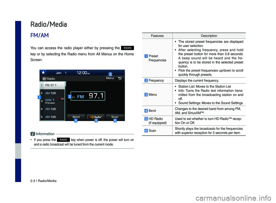 GENESIS G70 2019 Multimedia System Manual 2-2 I Radio/Media
Feat\bresDescription
Preset Freq\bencies
• The stored preset freq\bencies are displayed for \bser selection.• After selectin\f freq\bency, press and hold the preset GENESIS G70 2019 Multimedia System Manual 2-2 I Radio/Media
Feat\bresDescription
Preset Freq\bencies
• The stored preset freq\bencies are displayed for \bser selection.• After selectin\f freq\bency, press and hold the preset