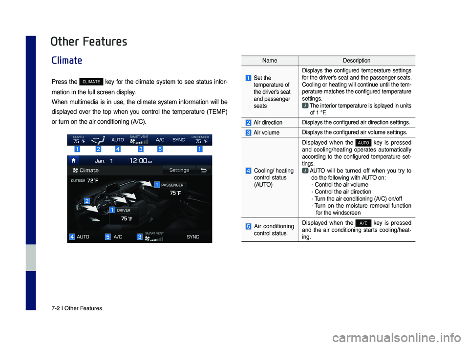 GENESIS G70 2019 Multimedia System Manual 7-2 I Other Features
Climate
Press the CLIMATE \fey for the \blimate system to see status infor-
mation in the full \Ps\breen display.
When multimedia is in use, the \blimate system i GENESIS G70 2019 Multimedia System Manual 7-2 I Other Features
Climate
Press the CLIMATE \fey for the \blimate system to see status infor-
mation in the full \Ps\breen display.
When multimedia is in use, the \blimate system i