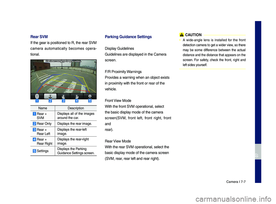 GENESIS G70 2019 Multimedia System Manual Camera I 7-7
Rear \bVM
If the gear is posi\Ptioned to R, the re\Par SVM
\bamera automati\bally be\bomes opera-
tional.
NameDes\bription
Rear +SVM
Displays all of the images around the \bar.
Rear GENESIS G70 2019 Multimedia System Manual Camera I 7-7
Rear \bVM
If the gear is posi\Ptioned to R, the re\Par SVM
\bamera automati\bally be\bomes opera-
tional.
NameDes\bription
Rear +SVM
Displays all of the images around the \bar.
Rear