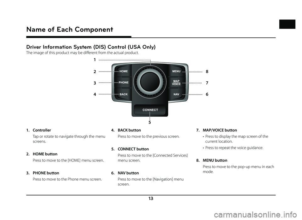 GENESIS G80 2019  Quick Reference Guide 13
Driver Information System (DIS) Control (USA Only)
The image of this product may be diff erent from the actual product.
4 6
2
8
5
3
7
1
Name of Each Component
1. Controller
  Tap or rotate to navig