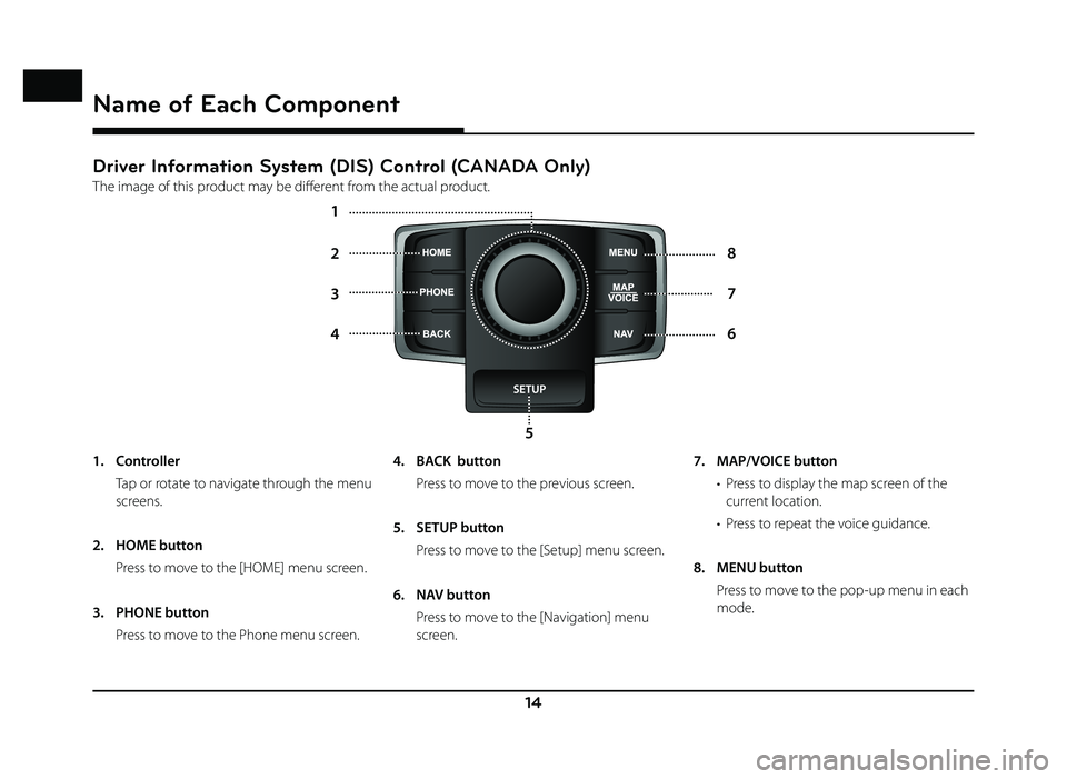 GENESIS G80 2019  Quick Reference Guide 14
Driver Information System (DIS) Control (CANADA Only)
The image of this product may be diff erent from the actual product.
4 6
2
8
5
3
7
1
Name of Each Component
1. Controller
  Tap or rotate to na
