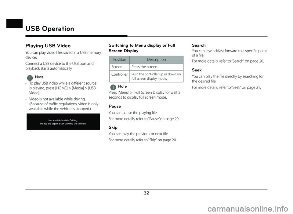 GENESIS G80 SPORT 2019 Quick Reference Guide 32
USB Operation
Playing USB Video
You can play video fi les saved in a USB memory
device.
Connect a USB device to the USB port and
playback starts automatically.
,Note
• To play USB Video while GENESIS G80 SPORT 2019 Quick Reference Guide 32
USB Operation
Playing USB Video
You can play video fi les saved in a USB memory
device.
Connect a USB device to the USB port and
playback starts automatically.
,Note
• To play USB Video while