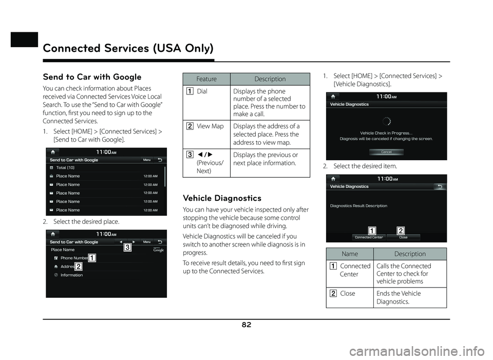 GENESIS G80 SPORT 2019 Quick Reference Guide 82
Connected Services (USA Only)
Send to Car with Google
You can check information about Places
received via Connected Services Voice Local
Search. To use the “Send to Car with Google”
function GENESIS G80 SPORT 2019 Quick Reference Guide 82
Connected Services (USA Only)
Send to Car with Google
You can check information about Places
received via Connected Services Voice Local
Search. To use the “Send to Car with Google”
function