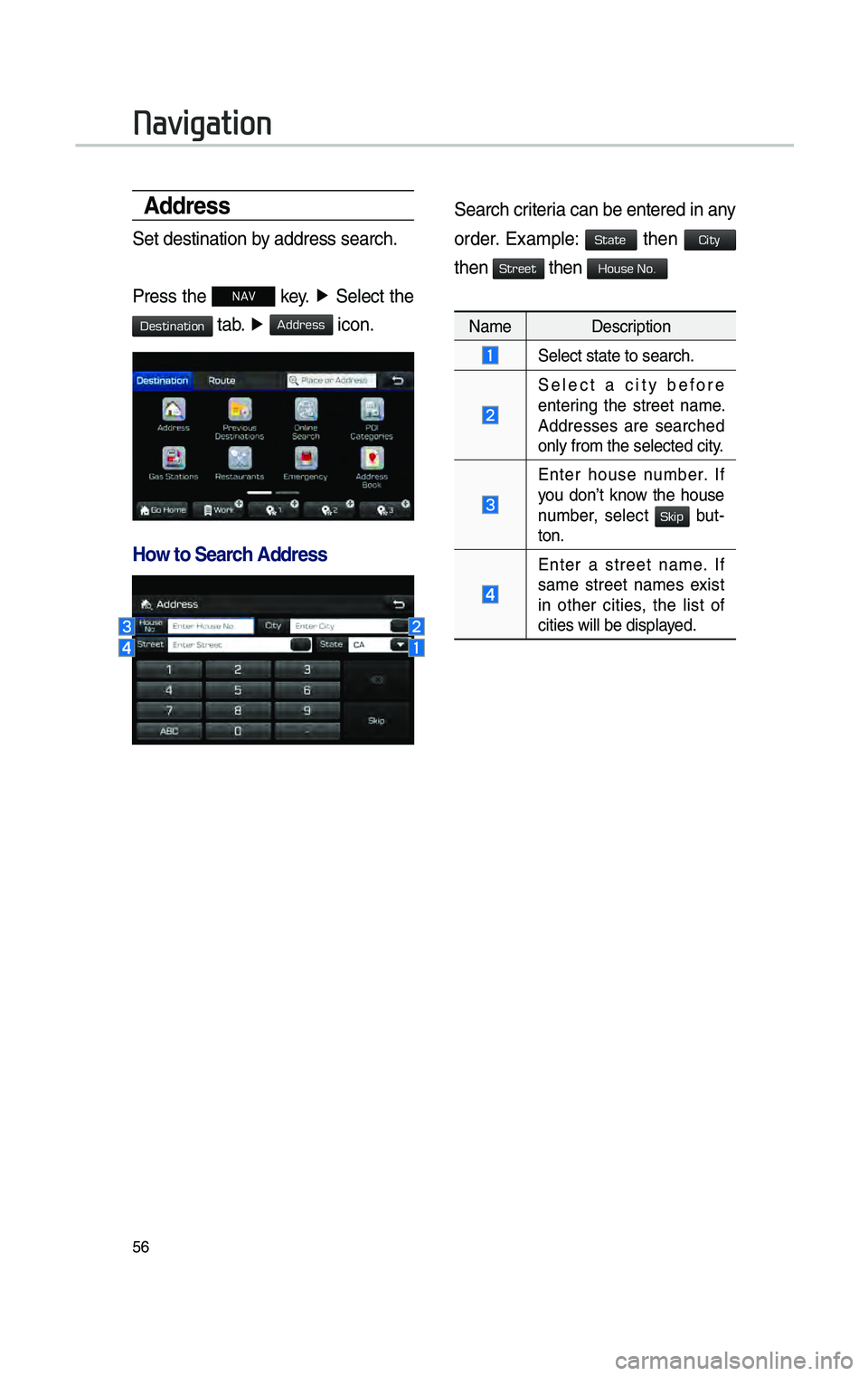 GENESIS G80 2019 Multimedia System Manual 56
\fddress
Set destination by address search.
Press the
NAV key. ▶
Se\fect the
tab. ▶ icon.
How to Search \fddress
Search criteria can be entered i\cn any
order. Examp\fe: then
then t GENESIS G80 2019 Multimedia System Manual 56
\fddress
Set destination by address search.
Press the
NAV key. ▶
Se\fect the
tab. ▶ icon.
How to Search \fddress
Search criteria can be entered i\cn any
order. Examp\fe: then
then t