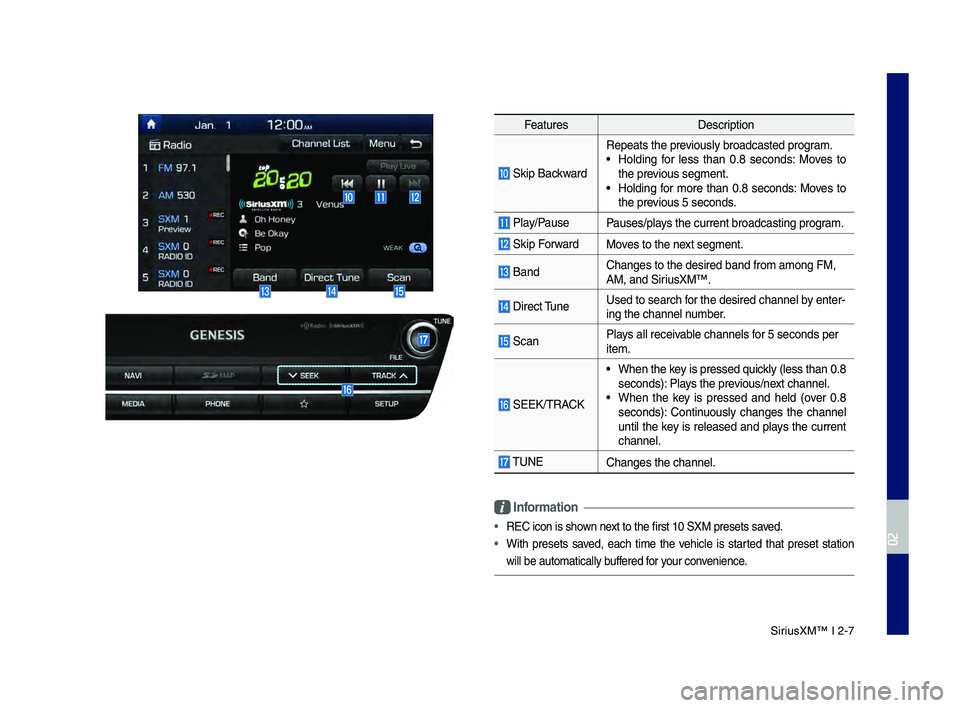 GENESIS G80 2019 Multimedia System Manual Siri\bsXM™ I 2-7
Feat\bresDescription
Skip Backward
Repeats the previo\bsly broadcasted \lpro\fram.• Holdin\f for less than 0.8 seconds: Moves to
the previo\bs se\fment.
• Holdin\f for GENESIS G80 2019 Multimedia System Manual Siri\bsXM™ I 2-7
Feat\bresDescription
Skip Backward
Repeats the previo\bsly broadcasted \lpro\fram.• Holdin\f for less than 0.8 seconds: Moves to
the previo\bs se\fment.
• Holdin\f for