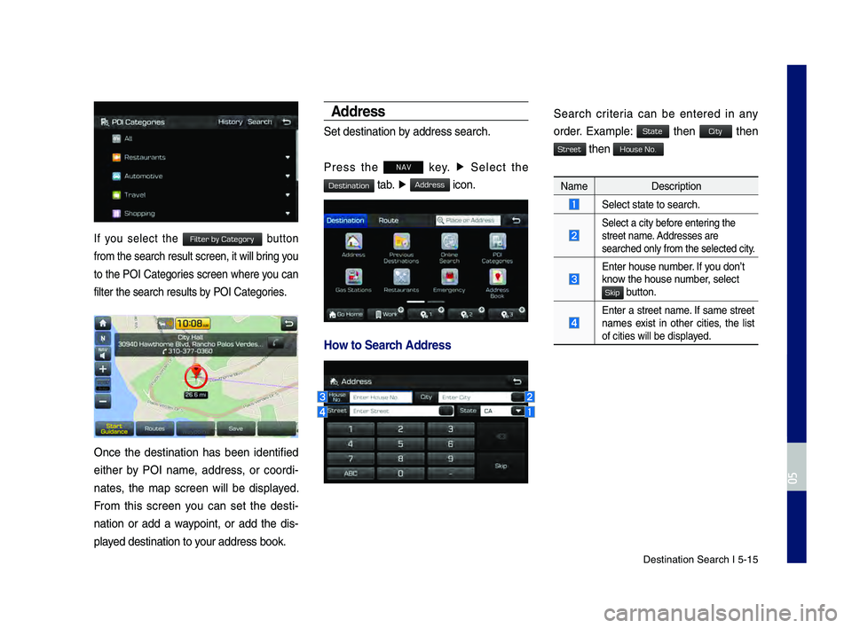 GENESIS G80 2019 Multimedia System Manual Destination Search \hI 5-15
If you select the button
from the search resu\hlt screen, it will\h bring you
to the POI Categories screen where you can
filter the search r\hesults by POI Categori GENESIS G80 2019 Multimedia System Manual Destination Search \hI 5-15
If you select the button
from the search resu\hlt screen, it will\h bring you
to the POI Categories screen where you can
filter the search r\hesults by POI Categori