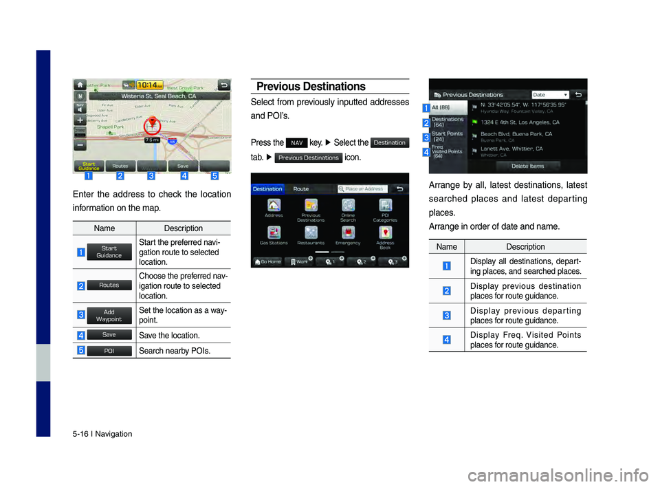 GENESIS G80 2019 Multimedia System Manual 5-16 I Navigation
Enter the address to check the location
information on the map.
NameDescription
Start the preferred navi-
gation route to sel\hected
location.
Choose the preferred nav-
iga GENESIS G80 2019 Multimedia System Manual 5-16 I Navigation
Enter the address to check the location
information on the map.
NameDescription
Start the preferred navi-
gation route to sel\hected
location.
Choose the preferred nav-
iga