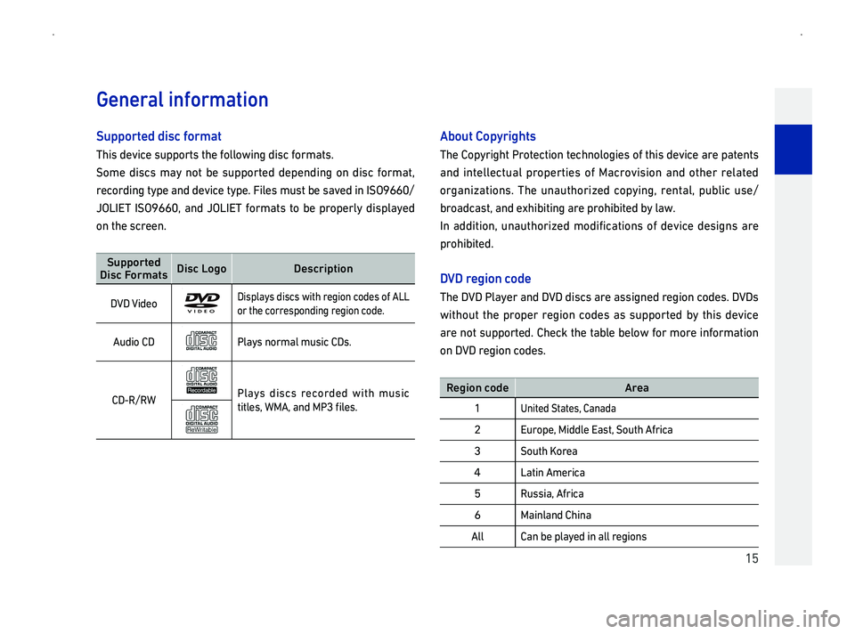 GENESIS G90 2019  Navigation System Manual 15
Supported disc format
This device supports the following disc formats.
Some discs may not be supported depending on disc format,
recording type and device type. Files must be saved in ISO9660/
J
on