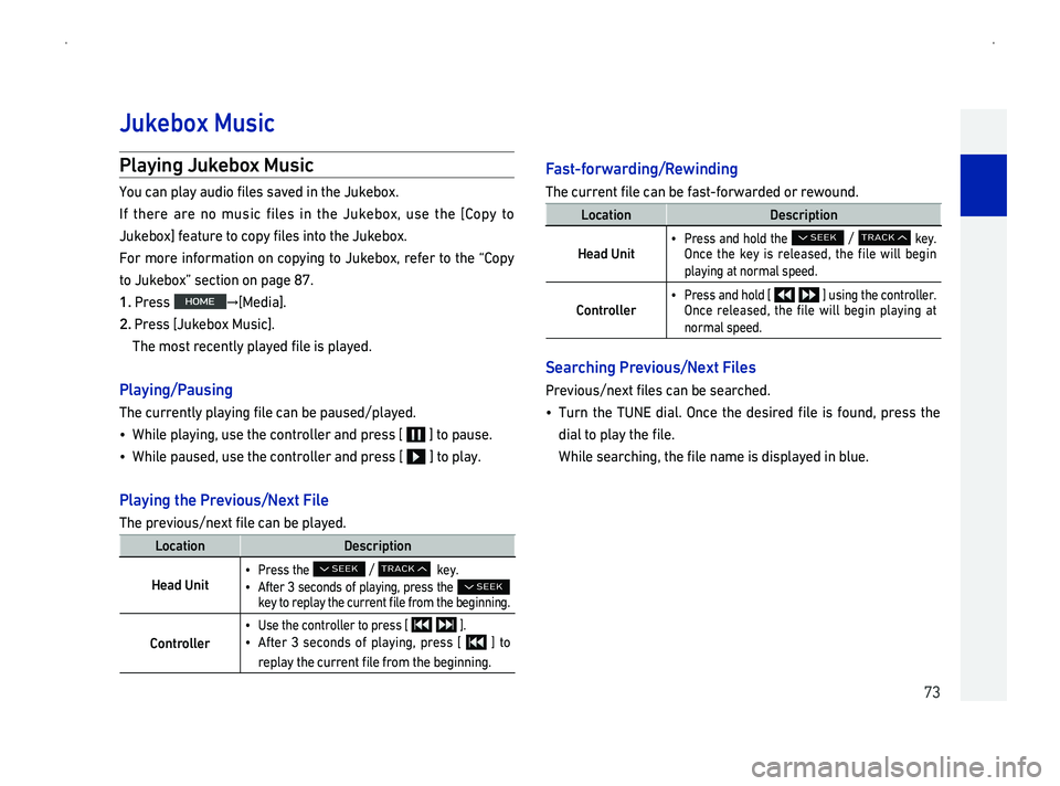 GENESIS G90 2019  Navigation System Manual 73
Pla
You can play audio files saved in the Jukebox. 
I
Jukebox] feature to copy files into the Jukebox. 
For more information on copying to Jukebox, refer to the \223Copy 
005700520003002D0058004E00