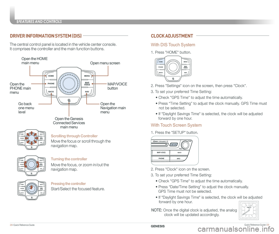 GENESIS G80 2018  Quick Reference Guide Quick Reference Guide I 29
FEATURES AND CONTROLS
28 I Quick Reference Guide  GENESIS
Scrolling through Controller
Move the focus or scroll through the 
navigation map.
Turning the controller
Move the 