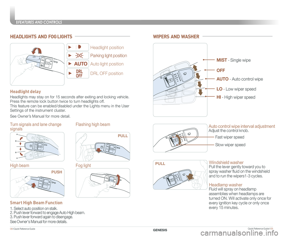 GENESIS G80 2018  Quick Reference Guide  Quick Reference Guide I 09
FEATURES AND CONTROLS
08 I Quick Reference Guide  
WIPERS  AND  WASHER
Auto control wipe interval adjustment
Adjust the control knob.
Windshield washer
Pull the lever gentl