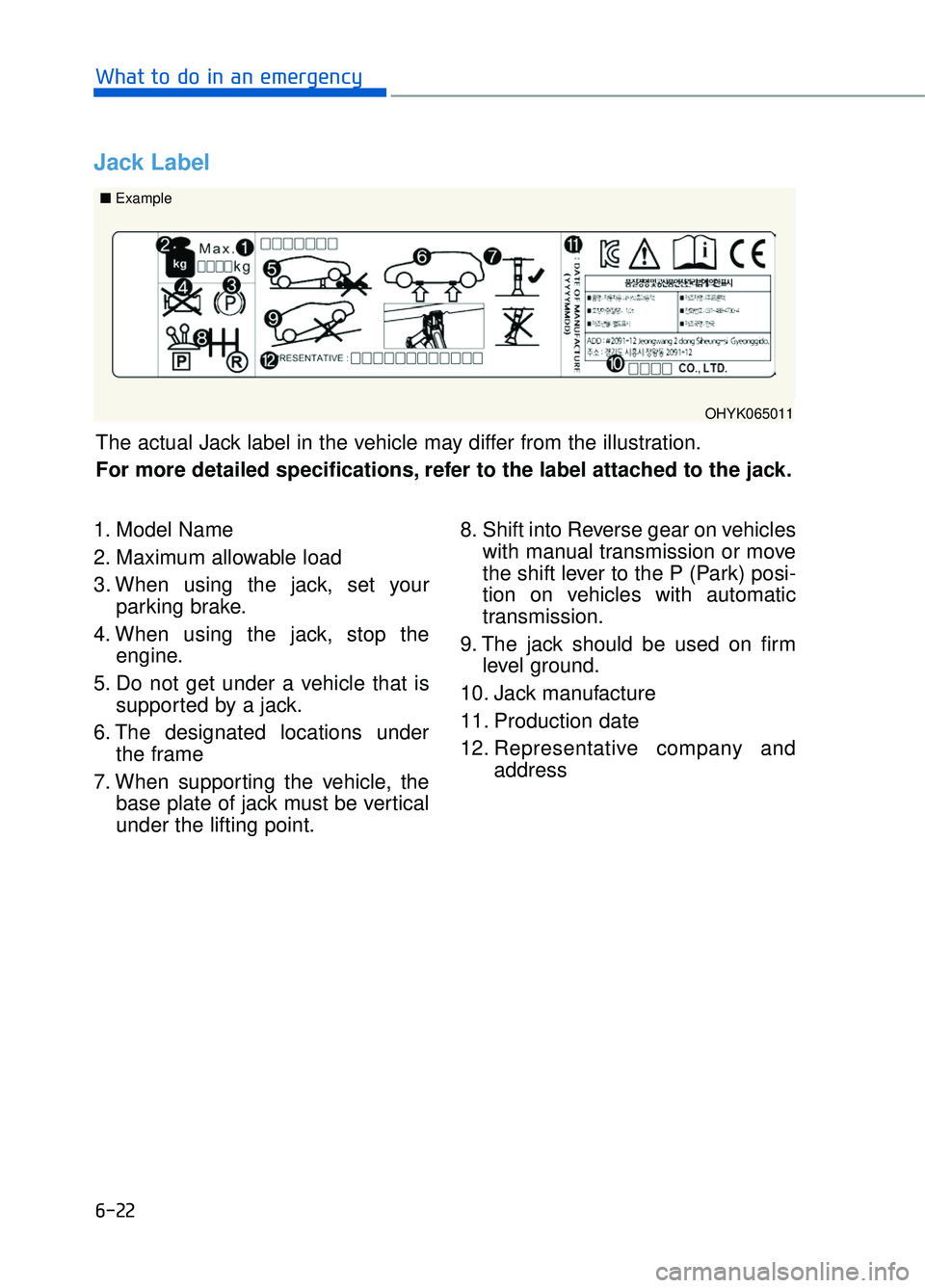 GENESIS G90 2018  Owners Manual 6-22
What to do in an emergency
1. Model Name
2. Maximum allowable load
3. When using the jack, set yourparking brake.
4. When using the jack, stop the engine.
5. Do not get under a vehicle that is su