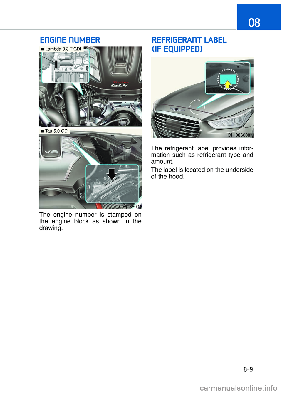 GENESIS G90 2018  Owners Manual 8-9
08
E
EN
N G
GI
IN
N E
E 
 N
N U
U M
M B
BE
ER
R
The engine number is stamped on
the engine block as shown in the
drawing. The refrigerant label provides infor-
mation such as refrigerant type and
