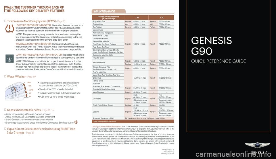 GENESIS G90 2018  Quick Reference Guide Scheduled Maintenance(Normal Usage)3.3T5.0L
Engine Oil & FilterReplace6,000 or 12 mos.Replace7,500 or 12 mos.
Fuel AdditivesAdd6,000 or 12 mos.Add7,500 or 12 mos.
Tire RotationPerform6,000 or 12 mos.P