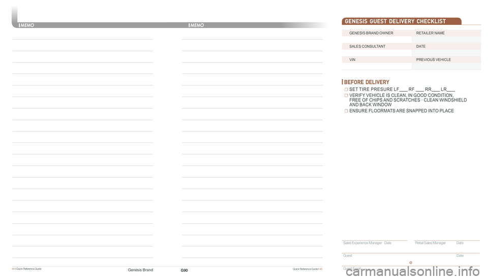 GENESIS G90 2018 Quick Reference Guide 44 I Quick Reference Guide
GENESIS BRAND OWNER RETAILER NAME
SALES CONSULTANT DATE
VIN PREVIOUS VEHICLE
GENESIS GUEST DELIVERY CHECKLIST
BEFORE DELIVERY
☐ SET TIRE PRESURE LF R GENESIS G90 2018 Quick Reference Guide 44 I Quick Reference Guide
GENESIS BRAND OWNER RETAILER NAME
SALES CONSULTANT DATE
VIN PREVIOUS VEHICLE
GENESIS GUEST DELIVERY CHECKLIST
BEFORE DELIVERY
☐ SET TIRE PRESURE LF R