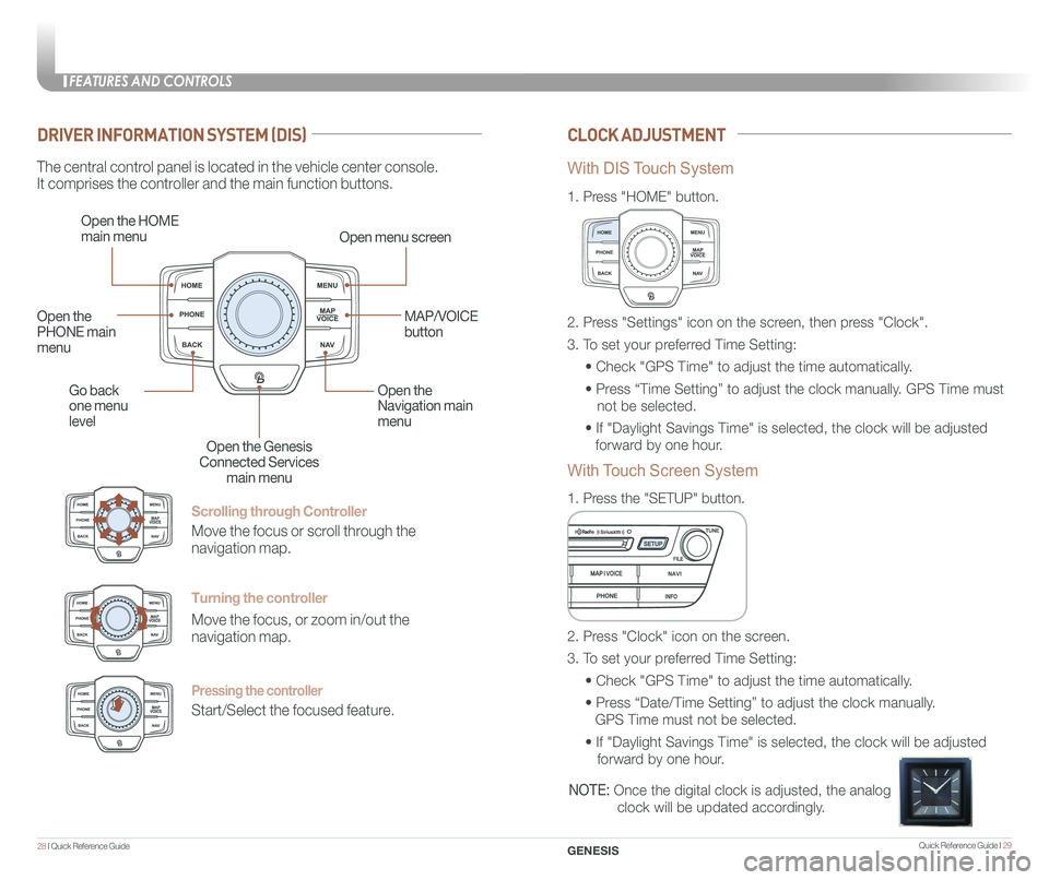 GENESIS G80 2017 Quick Reference Guide Quick Reference Guide I 29
FEATURES AND CONTROLS
28 I Quick Reference Guide GENESIS
Scrolling through Controller
Move the focus or scroll through the
navigation map.
Turning the controller
Move the GENESIS G80 2017 Quick Reference Guide Quick Reference Guide I 29
FEATURES AND CONTROLS
28 I Quick Reference Guide GENESIS
Scrolling through Controller
Move the focus or scroll through the
navigation map.
Turning the controller
Move the