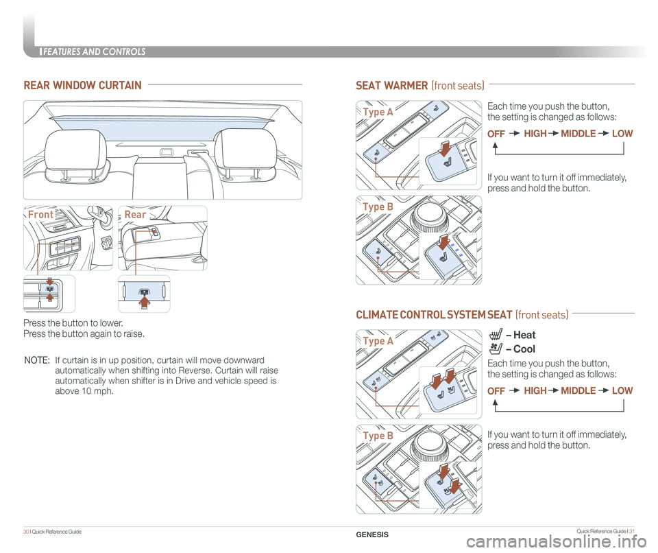 GENESIS G80 2017 Quick Reference Guide Quick Reference Guide I 31
FEATURES AND CONTROLS
30 I Quick Reference Guide GENESIS
SEAT WARMER (front seats)
If you want to turn it off immediately,
press and hold the button.
CLIMATE CONTROL SYST GENESIS G80 2017 Quick Reference Guide Quick Reference Guide I 31
FEATURES AND CONTROLS
30 I Quick Reference Guide GENESIS
SEAT WARMER (front seats)
If you want to turn it off immediately,
press and hold the button.
CLIMATE CONTROL SYST