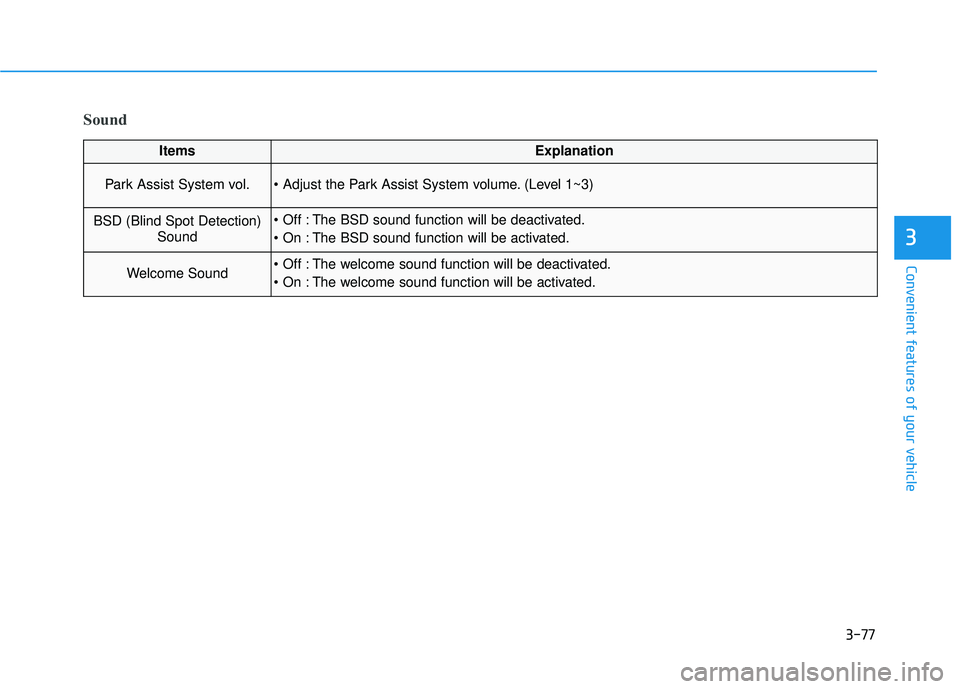 GENESIS G80 2017  Owners Manual 3-77
Convenient features of your vehicle
3
Sound
ItemsExplanation
Park Assist System vol. (Level 1~3)
BSD (Blind Spot Detection)Sound The BSD sound function will be deactivated.
 The BSD sound functio