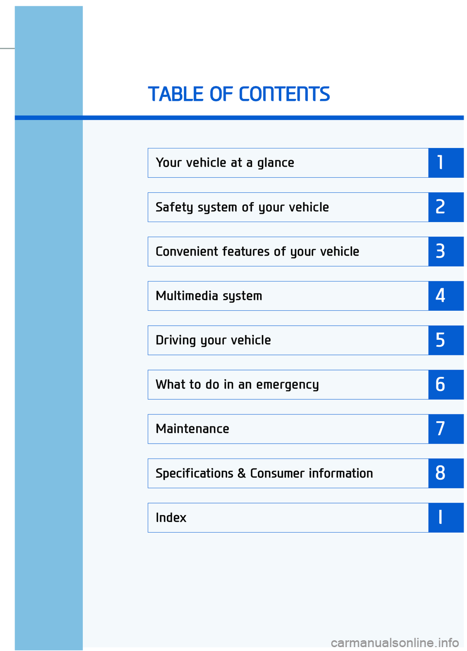 GENESIS G90 2017 User Guide Your vehicle at a glance
Safety system of your vehicle
Convenient features of your vehicle
Multimedia system
Driving your vehicle
What to do in an emergency
Maintenance
Specifications & Consumer infor