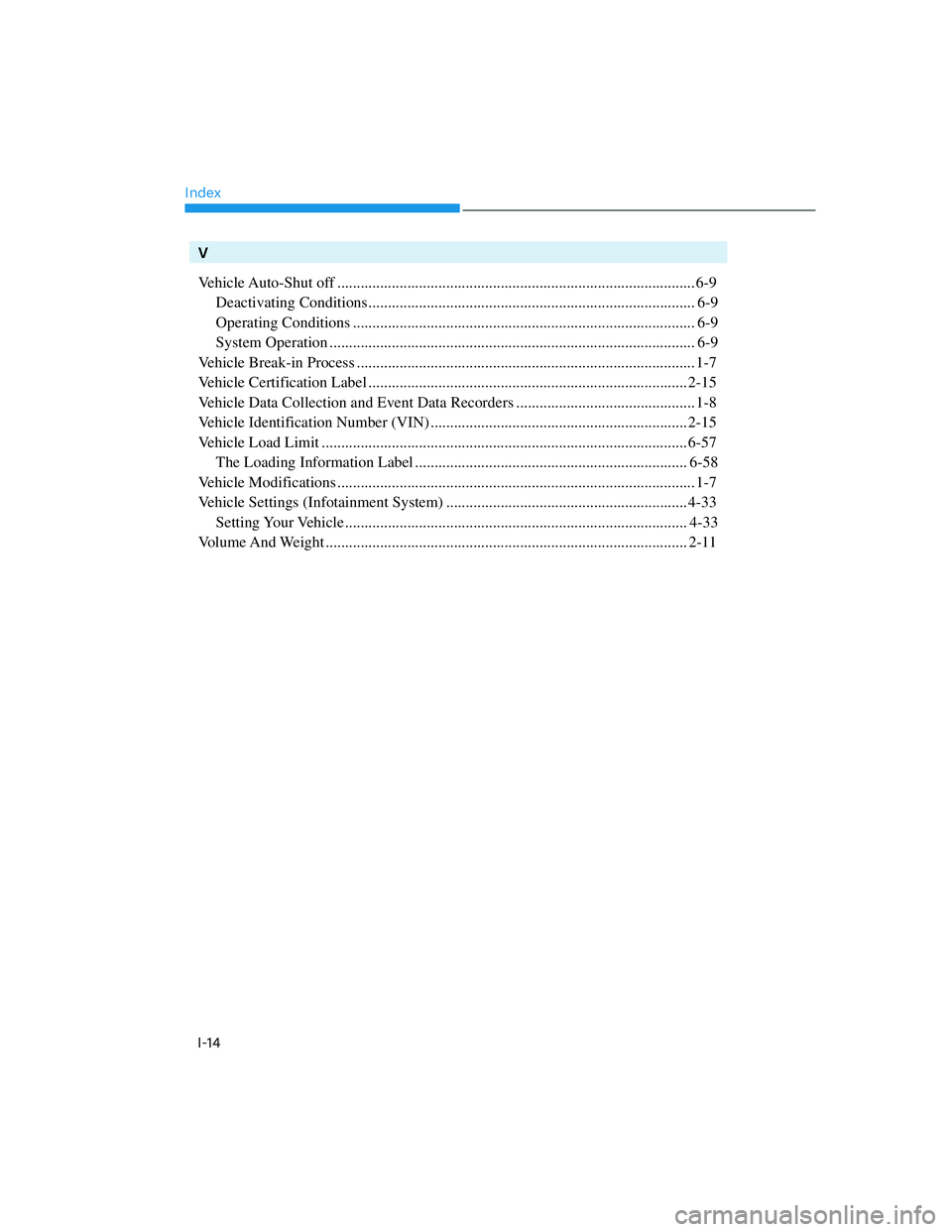 GENESIS G70 2023  Owners Manual IndexI-14
V
Vehicle Auto-Shut  off ........................................................................\
.................... 6-9
Deactivating Conditions ..........................................