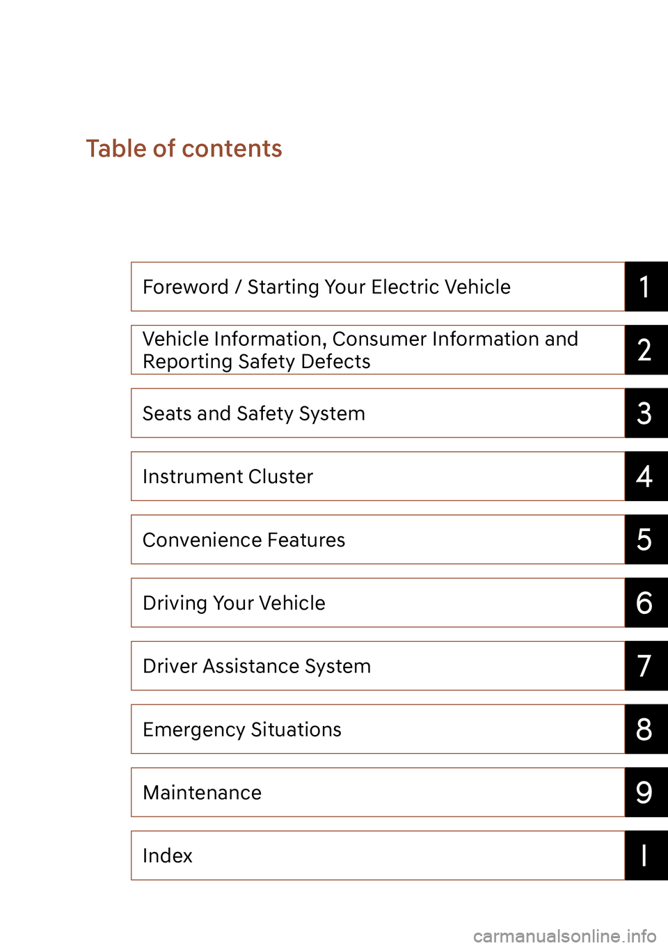 GENESIS G80 2023  Owners Manual 1
2
3
4
5
6
7
9
I
8
Maintenance
Index Emergency Situations Driver Assistance System
Driving Your Vehicle
Convenience Features
Instrument Cluster
Seats and Safety System Vehicle Information, Consumer I