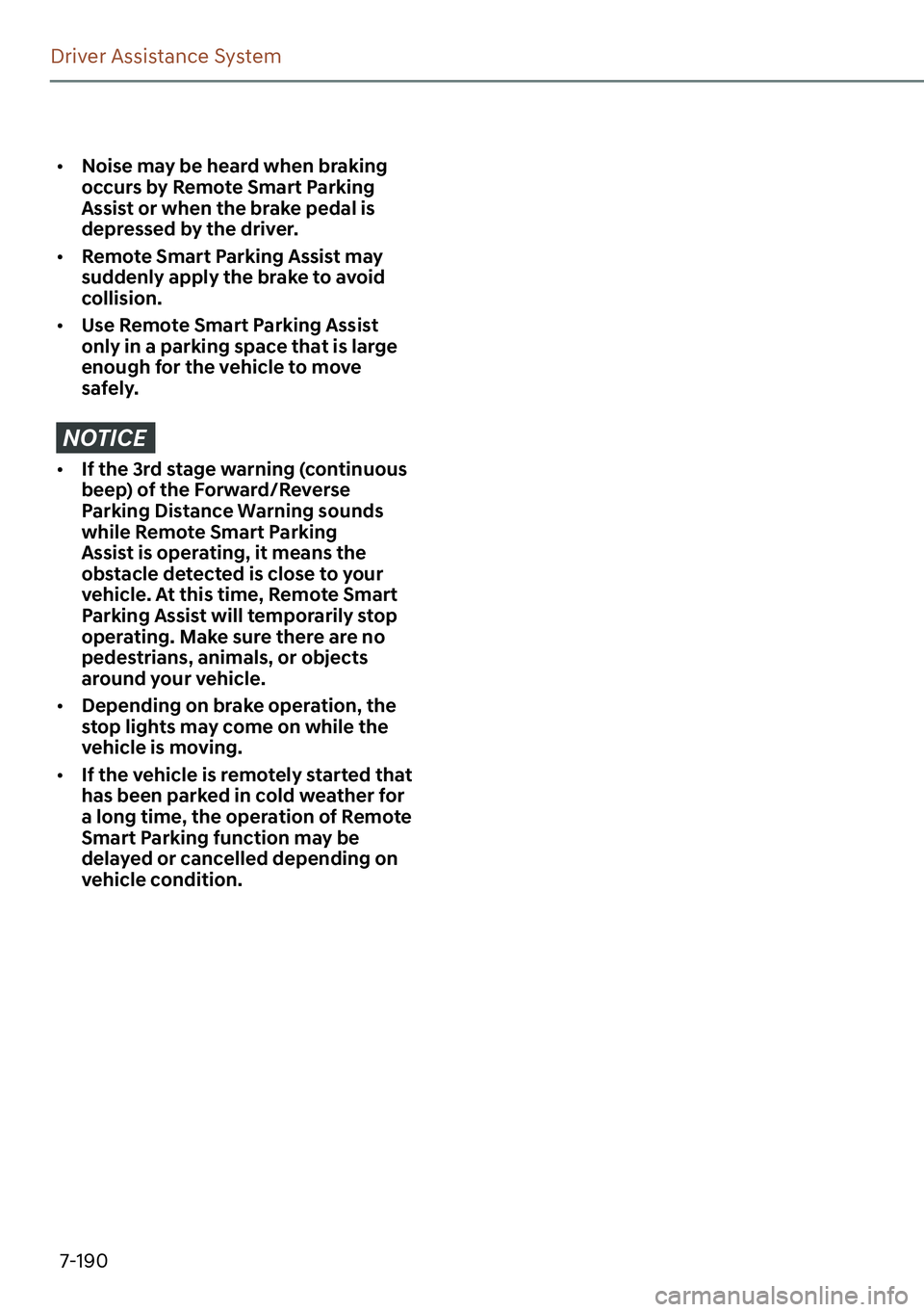 GENESIS GV60 2023  Owners Manual 7-190
Driver Assistance System
[��1�R�L�V�H��P�D�\��E�H��K�H�D�U�G��Z�K�H�Q��E�U�D�N�L�Q�J�
�R�F�F�X�U�V��E�\��5�H�P�R�W�H��6�P�D�U�W��3�D�U�N�L�Q�J�
�$�V�V�L�V�W��R�U��Z�K�H�Q��W�K�H�