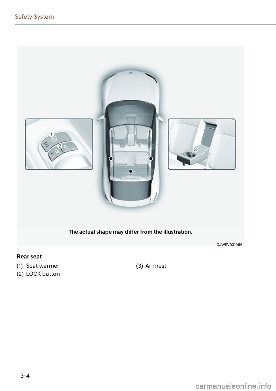 GENESIS GV60 2023  Owners Manual 3-4
Safety System
The actual shape may differ from the illustration.
OJWEV031066
(1) Seat warmer
(2) LOCK button(3) Armrest Rear seat 