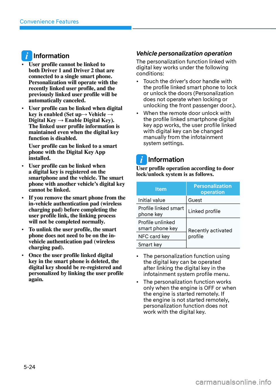 GENESIS GV70 2023  Owners Manual Convenience Features
5-24
 Information
• User profile cannot be linked to 
both Driver 1 and Driver 2 that are 
connected to a single smart phone. 
Personalization will operate with the 
recently li