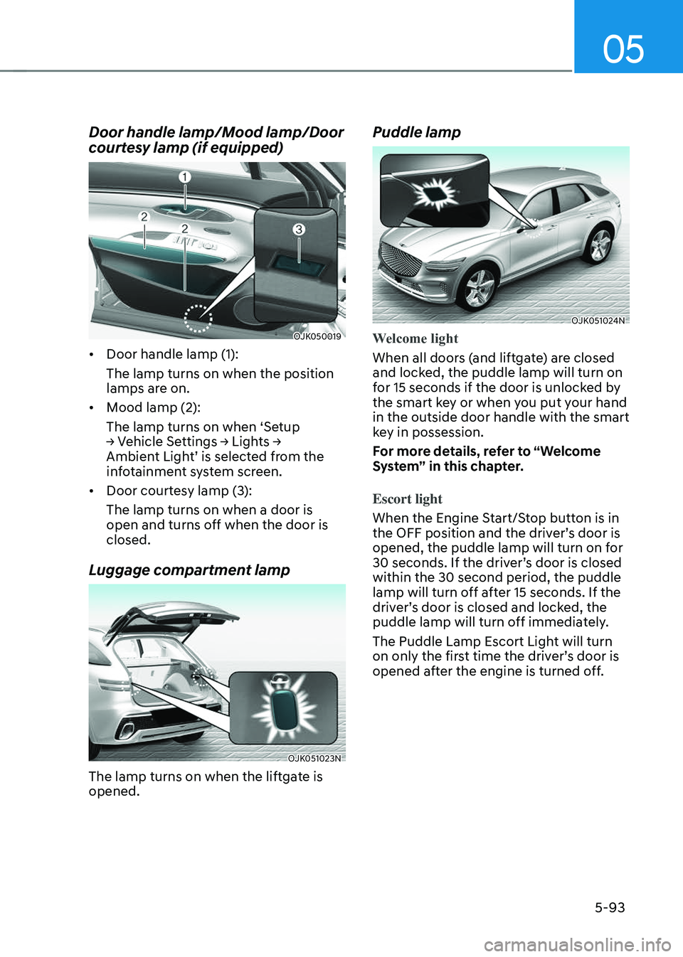 GENESIS GV70 2023  Owners Manual 05
5-93
Door handle lamp/Mood lamp/Door 
courtesy lamp (if equipped)
OJK050019OJK050019
• Door handle lamp (1):
The lamp turns on when the position 
lamps are on.
• Mood lamp (2):
The lamp turns o