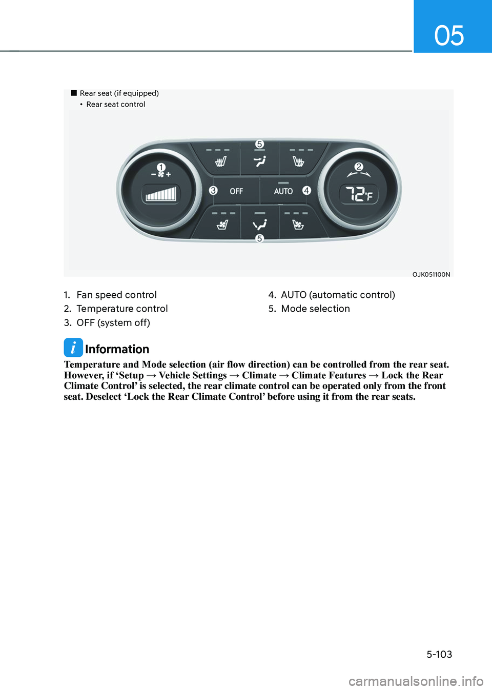 GENESIS GV70 2023  Owners Manual 05
5-103
 Information
Temperature and Mode selection (air flow direction) can be controlled from the rear seat. 
However, if ‘Setup → Vehicle Settings → Climate → Climate Features → Lock the