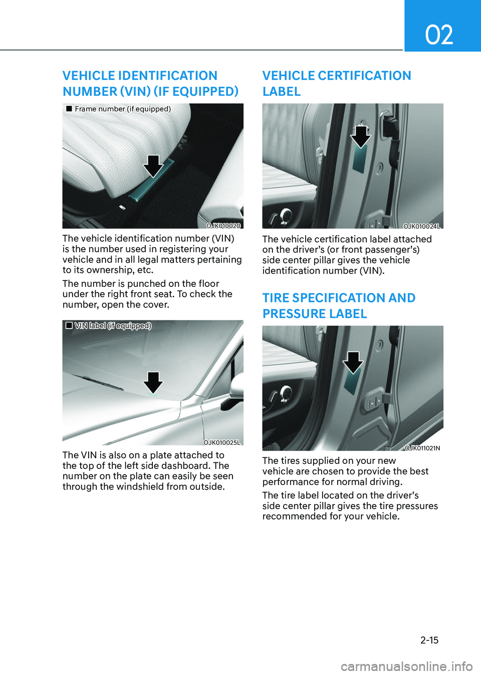GENESIS GV70 2023 Owners Manual 02
2-15
VEHICLE IDENTIFICATION 
NUMBER (VIN) (IF EQUIPPED)
		 