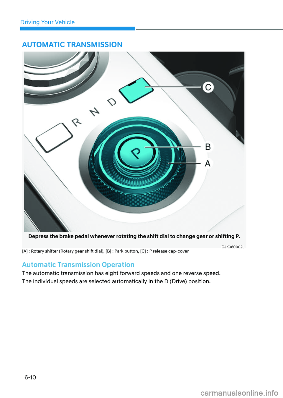 GENESIS GV70 2023  Owners Manual Driving Your Vehicle
6-10
Depress the brake pedal whenever rotating the shift dial to change gear or shifting P.
OJK060002LOJK060002L[A] : Rotary shifter (Rotary gear shift dial), [B] : Park button, [