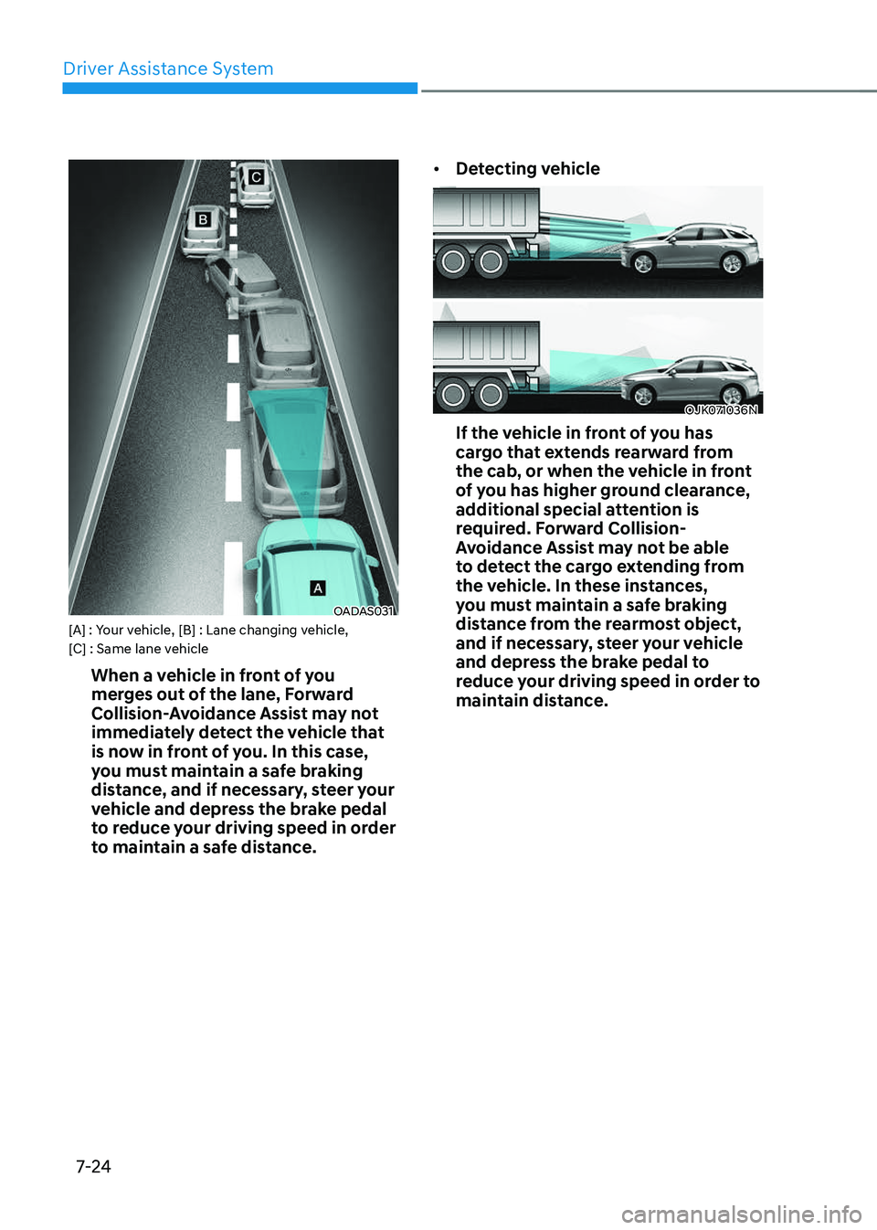 GENESIS GV70 2023  Owners Manual Driver Assistance System
7-24
OADAS031OADAS031[A] : Your vehicle, [B] : Lane changing vehicle, 
[C] : Same lane vehicle
When a vehicle in front of you 
merges out of the lane, Forward 
Collision-Avoid