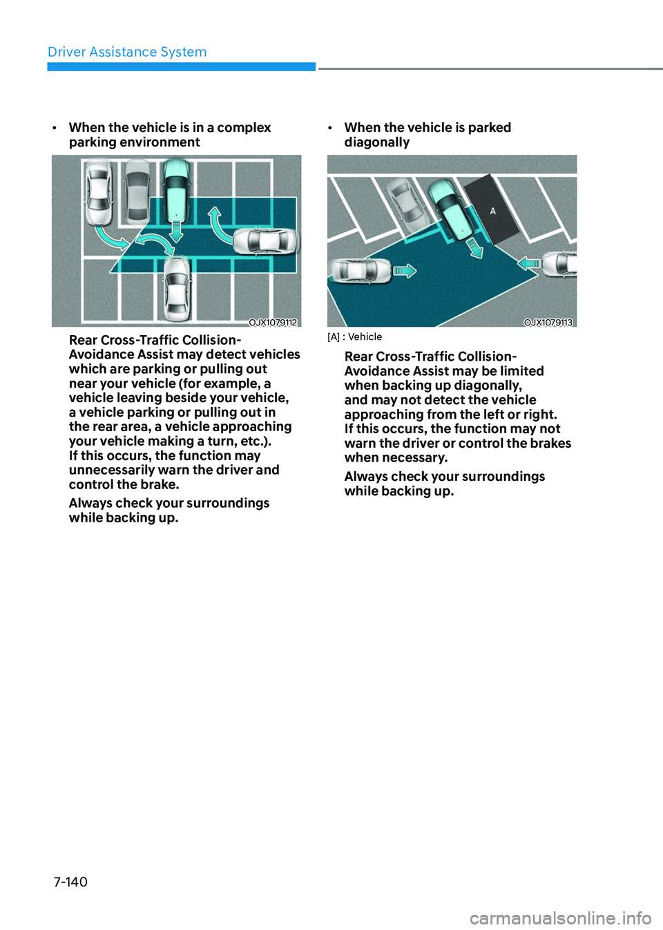 GENESIS GV70 2023  Owners Manual Driver Assistance System
7-140
• When the vehicle is in a complex 
parking environment
OJX1079112OJX1079112
Rear Cross-Traffic Collision-
Avoidance Assist may detect vehicles 
which are parking or p