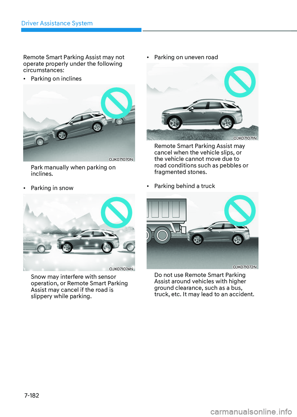 GENESIS GV70 2023 Owners Manual Driver Assistance System
7-182
Remote Smart Parking Assist may not
operate properly under the following
circumstances:
• Parking on inclines
OJK071070NOJK071070N
Park manually when parking on
in GENESIS GV70 2023 Owners Manual Driver Assistance System
7-182
Remote Smart Parking Assist may not
operate properly under the following
circumstances:
• Parking on inclines
OJK071070NOJK071070N
Park manually when parking on
in