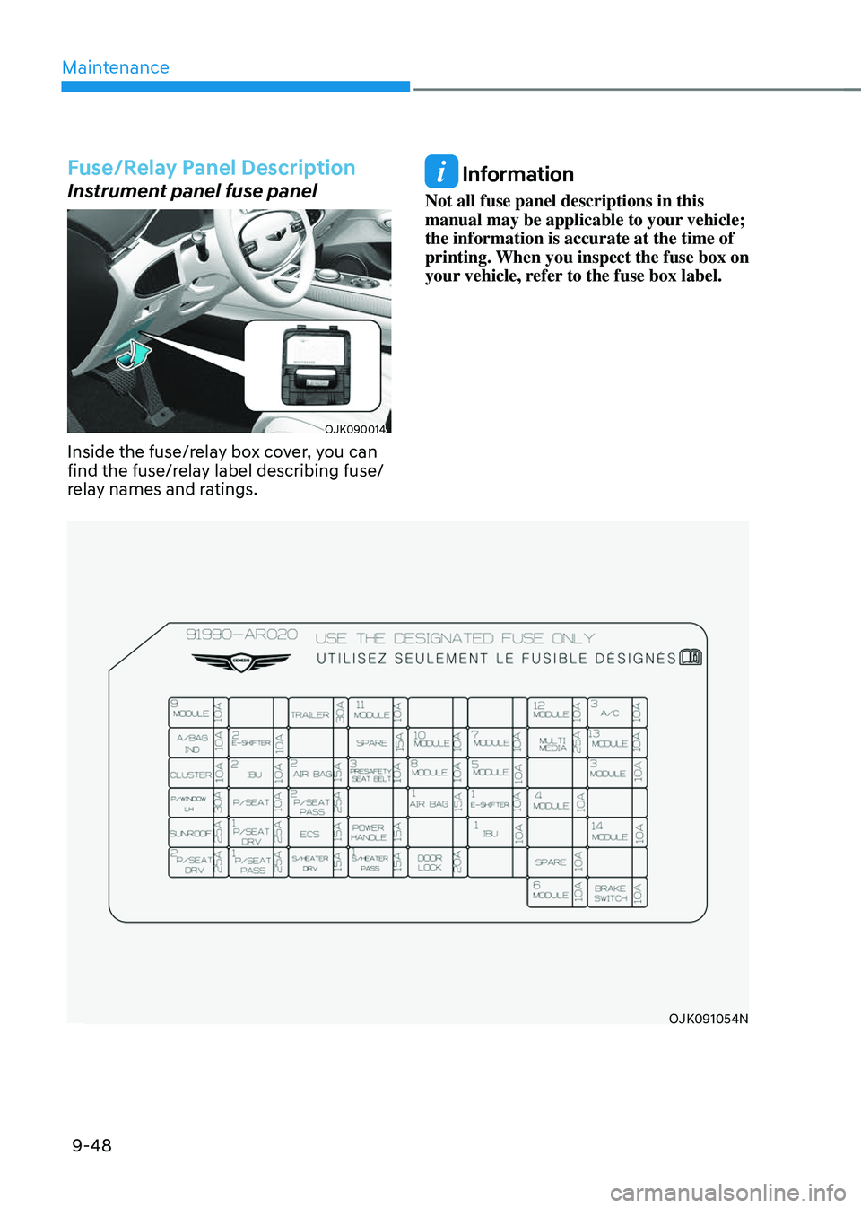 GENESIS GV70 2023  Owners Manual Maintenance
9-48
Fuse/Relay Panel Description
Instrument panel fuse panel
OJK090014OJK090014
Inside the fuse/relay box cover, you can 
find the fuse/relay label describing fuse/
relay names and rating